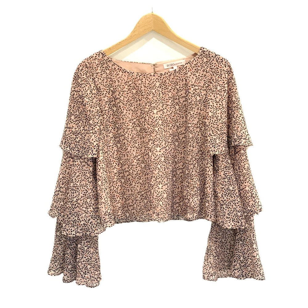BCBGeneration Tiered Ruffle Bell Sleeve Blouse Size Small Sheer Floral Metallic - Picture 9 of 12